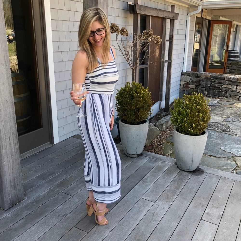Navy and white tank top romper ankle length